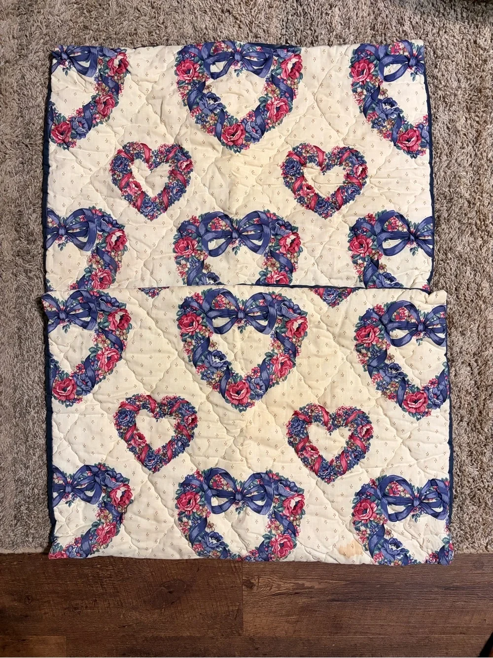 Vintage Floral Heart Quilted Pillow Case Set - Blue & Cream